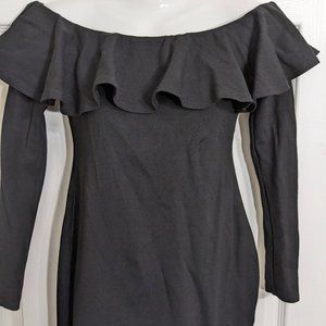 Urban Outfitters Black Stretch Off Shoulder Ruffle Neckline Mini Dress - S